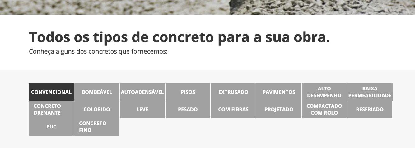 Tipos de concreto disponíveis